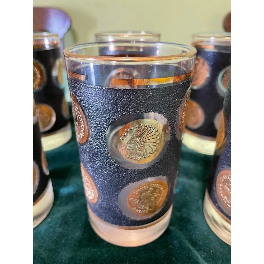 Mid Century Coin Glass Highball Set of 8 Black Gold‎ Textured Tumblers
